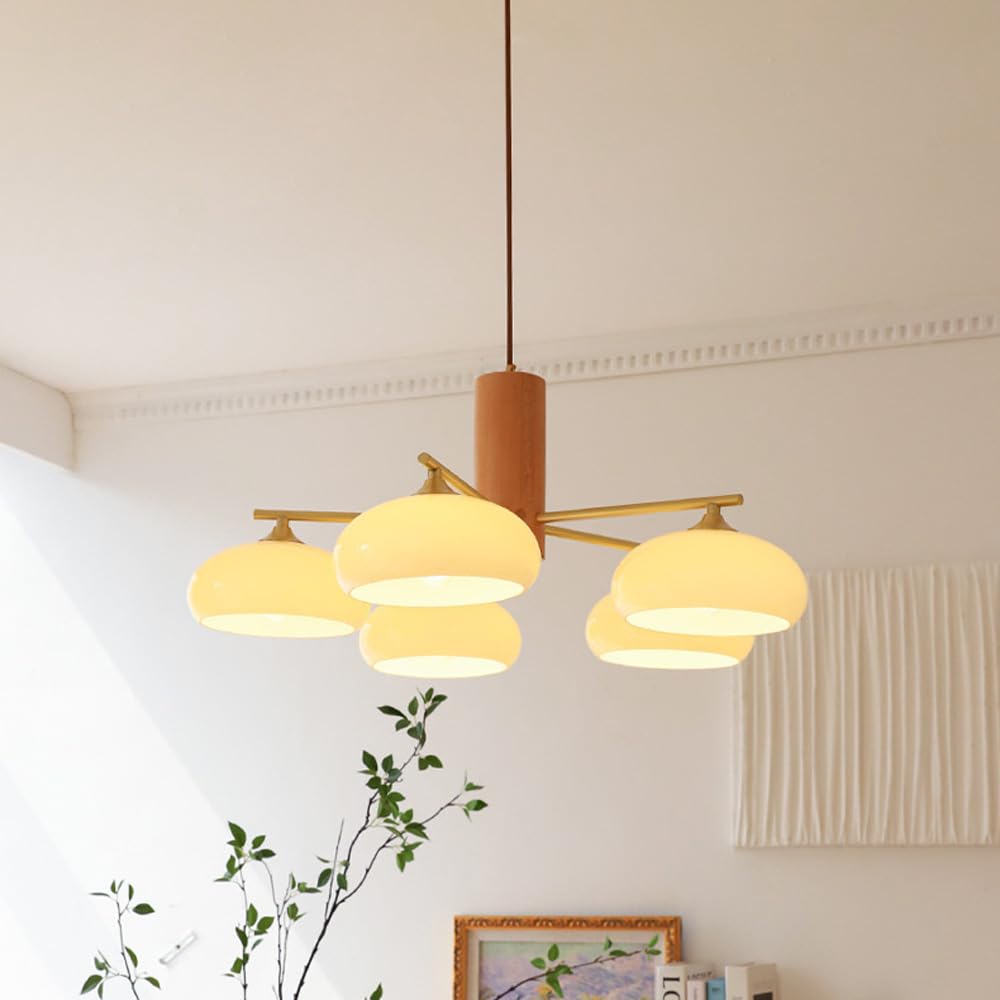 GGBBJJ Mid Century Modern Chandelier Wood Milk Glass Ceiling Pendant Light Vintage Rustic Hanging Lamp Large Round Farmhouse Chandeliers for Dining Room Living Room Bedroom Kitchen Bar