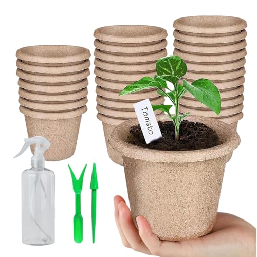 VEKLIQ 50 Piezas Grande Macetas Biodegradables, 11cm Semilleros de Germinacion, Redondas Macetas con Agujeros de Drenaje, con 1 Botella de Pulverización, para Plantasde de Semillero, Flores, Plantas