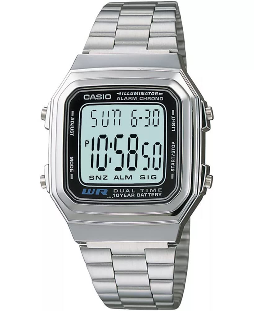 Casio Men's Vintage Silver-Tone Band Alarm Chronograph Digital Watch A178W-1A Silver, Silver