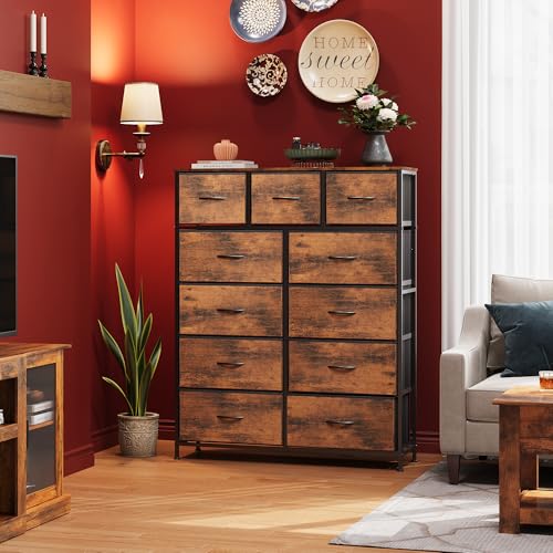 WLIVE Storage Organizer Unit with 11 Fabric Bins, Storage Drawers Organizer with Steel Frame, Tall Storage Tower Organizaton for Living Room, Hallway, Office, Rustic Brown - Image 5
