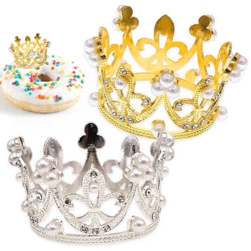 Decoración para tartas de corona,2PCS Crown Cake Gold, corona de perlas vintage,para Fiestas de Cumpleaños Aniversarios Bodas, Mini Coronas Plateadas Corona para Cupcakes