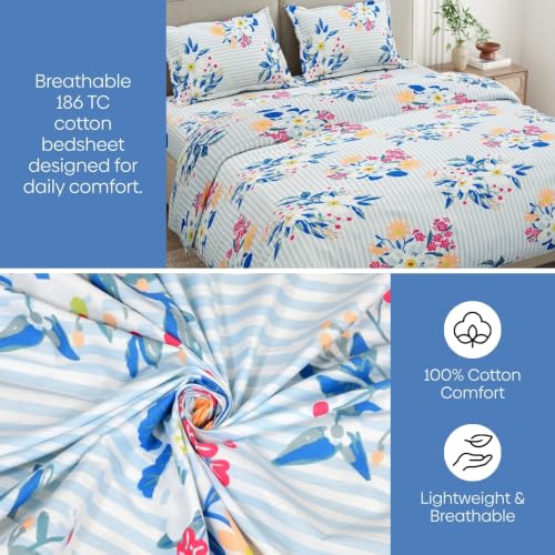 Image of Haus & Kinder King Bedsheet with 2 Pillow Covers 274 x 274 cm Set of 1 | 186 TC King Size Bed Sheet for Double Bed Twill Weave | Blue Floral Tapestry Design - Pack of 1