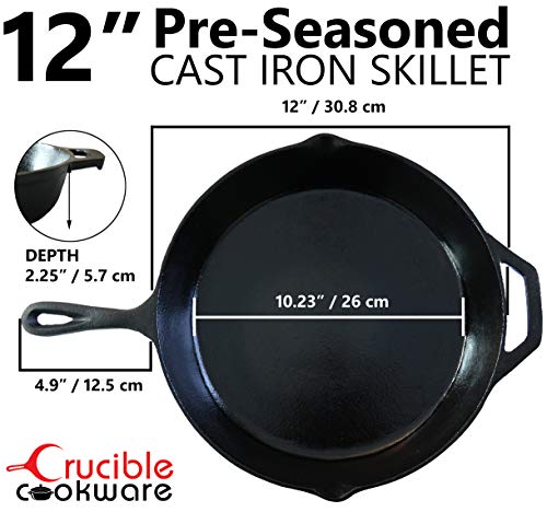 Image of Crucible Cookware 12-Inch Cast Iron Skillet Set (Pre-Seasoned), Including Large & Assist Silicone Hot Handle Holders | Indoor & Outdoor Use