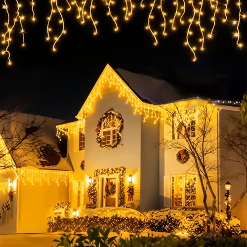 GLUROO Eisregen Lichterkette Außen, 20M 640LED Weihnachtsbeleuchtung außen mit 8 Modi Timer, Fernbedienung, Wasserdicht Lichterkette außen Weihnachten für Traufe, Balkon, Warmweiß