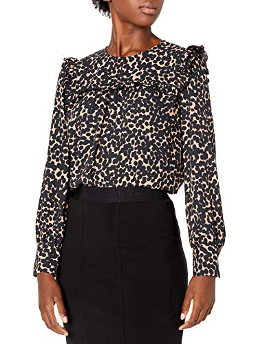 Amazon Brand - Lark & Ro Women's Crepe de Chine Long Sleeve Crew Neck Top with Ruffle Detail, CAMEL BLACK WATER COLOR DOTS, Medium