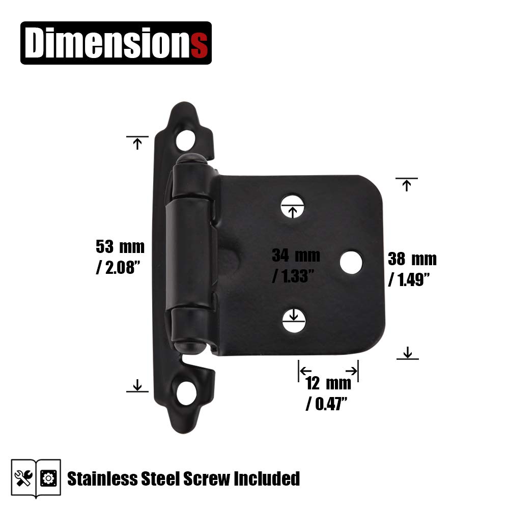 JQK 1/2 Inch Overlay Door Hinges Black, 20 Pack 10 Pairs Flush
