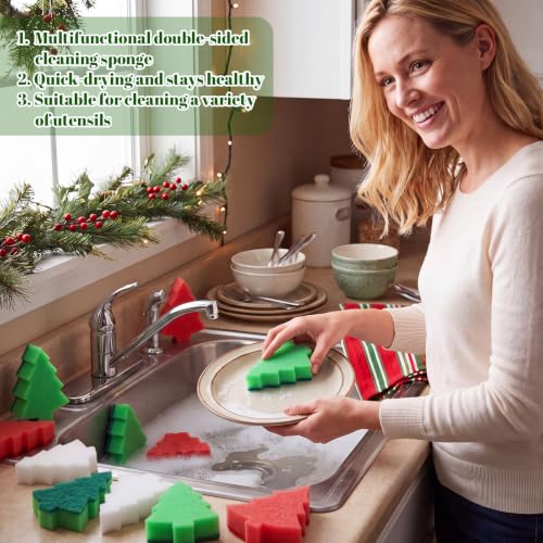 Image of Tioncy 12 Pack Kitchen Sponges Bulk Dual Sided Scrubber Sponges Dishwashing Kitchen Cleaning Accessories for Household Supplies(Christmas Tree, Red, Green, White)