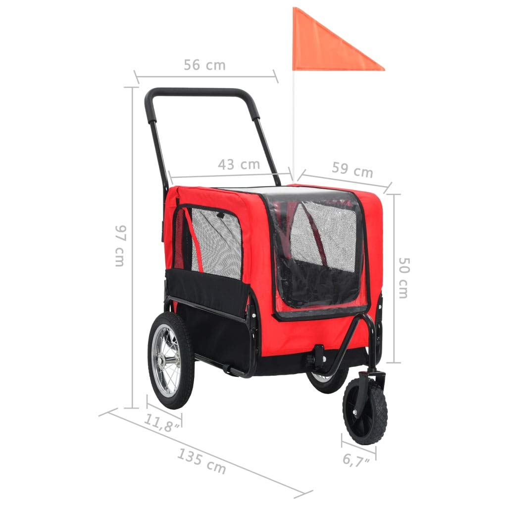 2-in-1 Tier-Fahrradanhänger und Jogger, Faltbar Hundeanhänger, Hunde Fahrrad Tier Anhänger, Oxford-Gewebe mit Stahlrahmen, Rot und Schwarz 135 x 56 x 97 cm (L x B x H)