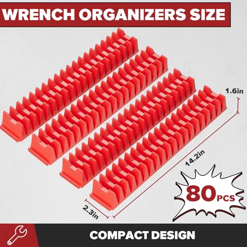 80PCS Modular Wrench Organizer Wrench Holder - Wrench Tool Organizers for Tool Drawer Storage, Wrench Storage Set with Metric & SAE Label, Wrench Rack Tool Gift for Professional Mechanics Men, Red