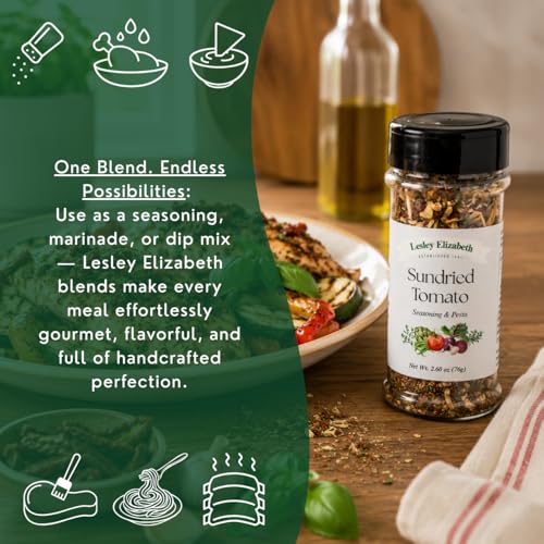 Image of Lesley Elizabeth Sundried Tomato Seasoning & Pesto - Gourmet Italian Herb & Tomato Blend for Pasta, Chicken, Vegetables & Sandwiches | All-Purpose Cooking & Grill Seasoning