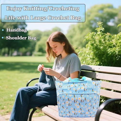 Image of Mdoker Knitting Bags and Totes Organizers Large Crochet Bag Lightweight Yarn Bags for Travel Yarn Storage Organizers for Crochet Hooks,Yarn,Knitting & Crochet Supplies(Blue Bee)