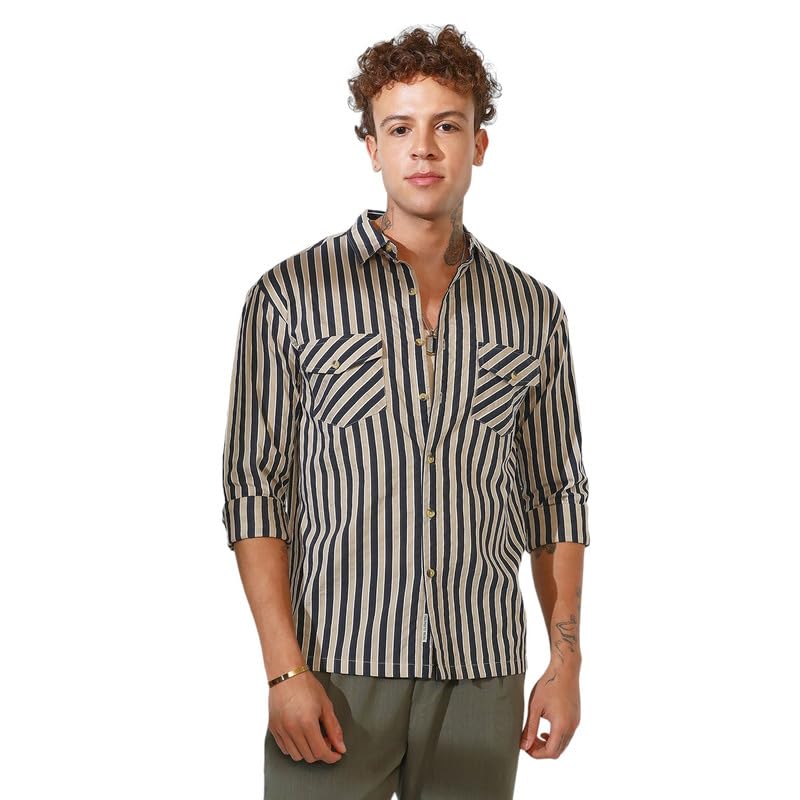 Image of CAHOOT Men's Multitrack Striped Oversized Shirt for Casual Wear | Spread Collar | Long Sleeve | Button Closure | Oversized Shirt Crafted with Comfort Fit for Everyday Wear