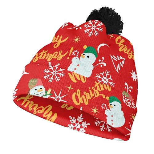 Hechitok Christmas Snowman Beanie Hat Knit Winter Hats for Girls Boys, Slouchy Beanies Cuffed Skull Cap Warm Ski Hat for School Office Home Outdoors, Black Ball
