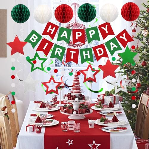 Image of Red Green and White Birthday Decorations,Christmas Happy Birthday Banner with Paper Decor Balls,Stars Hanging Swirl Streamers,Happy Birthday Decorations for Women Men Girls Boys