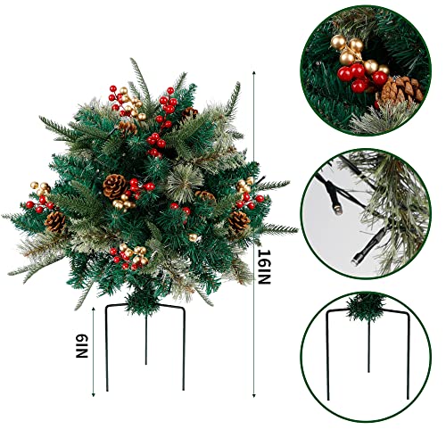 Glintoper Lighted Artificial Christmas Urn Filler, Pre-Lit Xmas Pine Trees With Cones, Golden & Red Berries, Tripod Stake And 60 Led Lights, Outdoor Light Up Planter Filler Holiday Home Decor, 2 Pack #TOP3