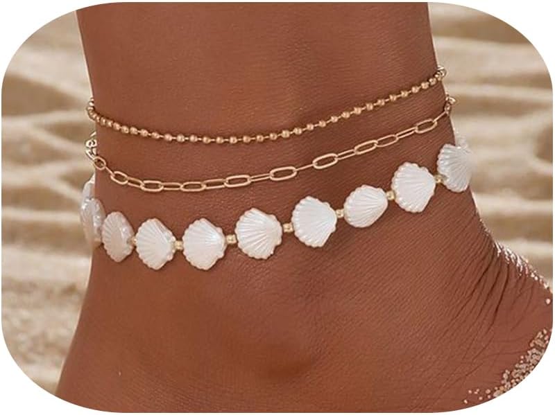 Shell Ankle Bracelet Set for Women,Boho Adjustable Beads Anklet Pack Natural White Shells Stack Stretch Seashell Pearl Starfish Bracelet Set Hawaiian Beach Vacation Foot Jewelry