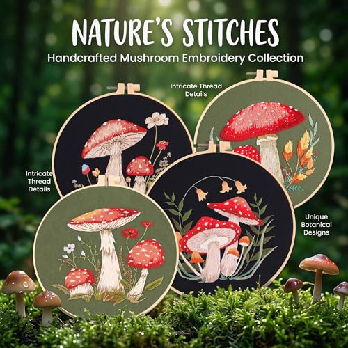 Image of Harimau Adult Beginner Embroidery Starter Kit, Complete Set with 4 Patterns, 2 Hoops, Needles, Scissors, Instruction Guide & Stitching Video Tutorials