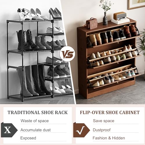 Image of KungFuWood 31.4 W Soild Wood Shoe Storage Cabinet with 3 Flip Drawers for Entryway,Narrow Shoe Rack Cabinet with Adjustable Shelves,Morden Hidden Shoe Organizer