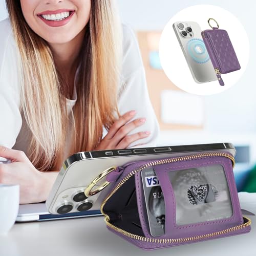 Image of Compatible with MagSafe Wallet,Magnetic Wallet for iPhone 17 /16 Pro Max /15 Pro /14 Plus /13 /12 Series,PU Leather Zipper Pocket Card Holder Adjustable Stand-Light Purple