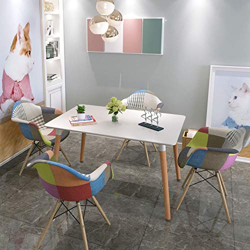 EUCO Dining Table and Chairs, White Wooden 120x80cm Rectangular Dining Table with 4 Patchwork Armchair for Dining room/Kitchen/Office