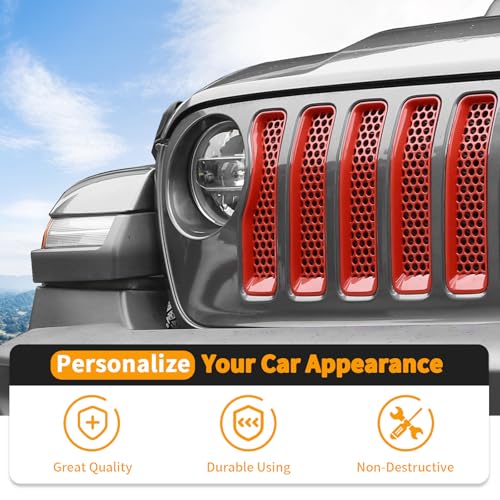 Image of Hoolcar Front Grill Insert Cover Trim Kit Compatible with Jeep Wrangler JL JLU 2018-2024 2025 Front Honeycomb Grille Cover Guard Exterior Accessories, Red, 7 PCs, Basic Version