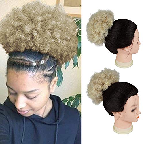 Afro Puff Drawstring Ponytail for Black Women Short Curly Synthetic Hair Bun Extension, Updo Ponytail Hair Piece with Two Clips（T27/613#）