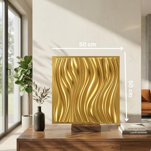 Image of Kayra Decor Luxury 3D PVC Wall Panels - Wave Pattern, Gold Finish | 19.7 inch x 19.7 inch | Pack of 40 | Covers 107.60 Sq. Ft. | Stylish Wall Cladding for Home & Office Interiors
