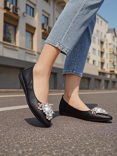 Image of KUNWFNIX Women Ballet Flats Rhinestone Wedding Ballerina Shoes Foldable Sparkly Comfort Slip on Flat Shoes
