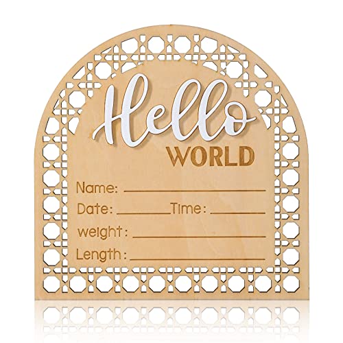 Image of Baby Announcement Sign, 5.5 Inch Wooden Birth Newborn Welcome Sign Hello World New Baby Name Sign, Name Plaques for Girl Boys Photo Prop Baby Shower Nursery Hospital