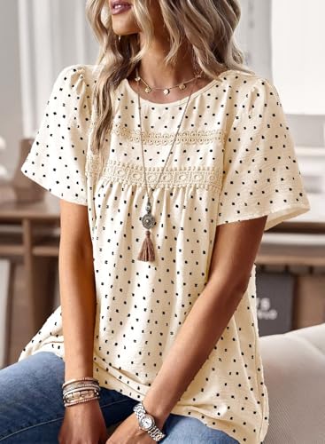 Image of Falechay Womens Summer Tops Crewneck Short Sleeve Shirts Casual Chiffon Blouses Flowy Lace Hem Boho Clothing Trendy 2026