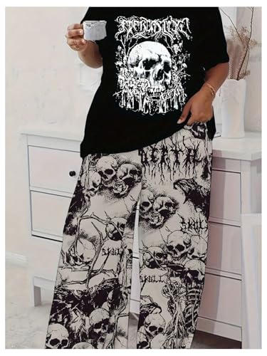 Verdusa Women's Plus Size 2 Piece Skull Graphic Pajama Set Gothic Short Sleeve Tee Top and Pants Loungewear4