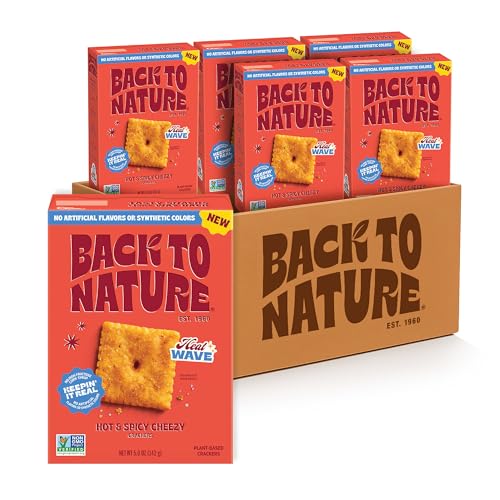 Image of Back to Nature Hot & Spicy Cheezy Crackers Squares, Plant Based Snack, 6pk | No Dairy Added Cheese Cracker Squares, Plant Based, Non GMO No High Fructose Corn Syrup No Artificials, Wholesome Snacks 5oz