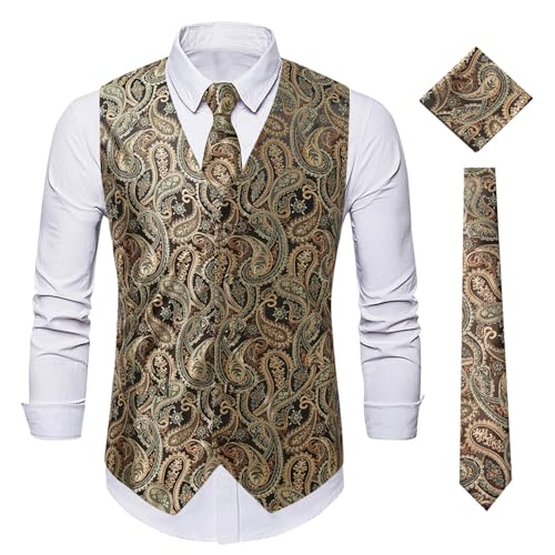 Mens Sequin Vest Slim Fit Formal Dress Waistcoat Fashion Jacquard Vest Bowtie Set for Suit Tuxedo Wedding Prom Party
