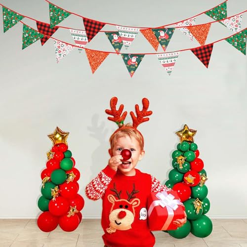 Image of Zwiebeco 32Ft Red Green Christmas Pennant Banner Triangle Flags Fabric Bunting Garland Red-Black Plaid Checkered Cotton Flag for Xmas Birthday Wedding Christmas New Year Party Home Garden Decorations