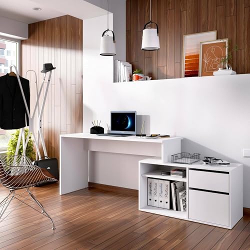 Dmora Scrivania Gardena, Scrittoio Multiposizione da Ufficio o cameretta, Tavolo da Studio angolare Multiuso, 139x92h75 cm, Bianco