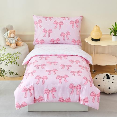 Image of PERFEMET Twin Bedding Sets for Girls 4 Pieces Pink Bow Comforter Set for Kids Teen Soft Lightweight Princess Girly Bed in a Bag with Sheets for All Seasons(Bow, Twin)