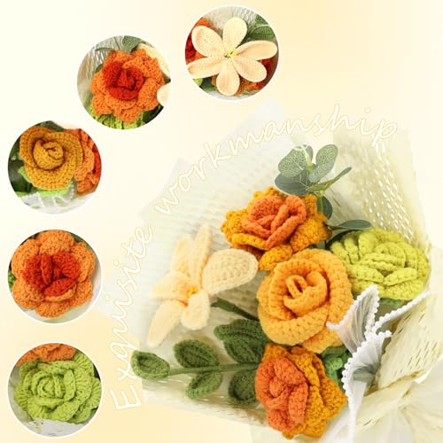 Crochet Flower Bouquet, Handmade Knitted Yellow Roses and Lilies, Artificial Yarn Flowers with Wrap for Birthday, Graduation, Friendship Gift, Get Well Soon, Home Table Decor image 8