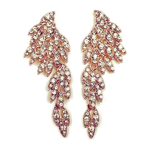 Les Bohémiens Large Angel Wings Eagle Wings Rhinestone Studded Statement Dangling Earrings Wedding Bridal Crystal Chandelier Long Drop Beauty Pageant Drag Queen Clip On Earrings (Rose Gold) Cover