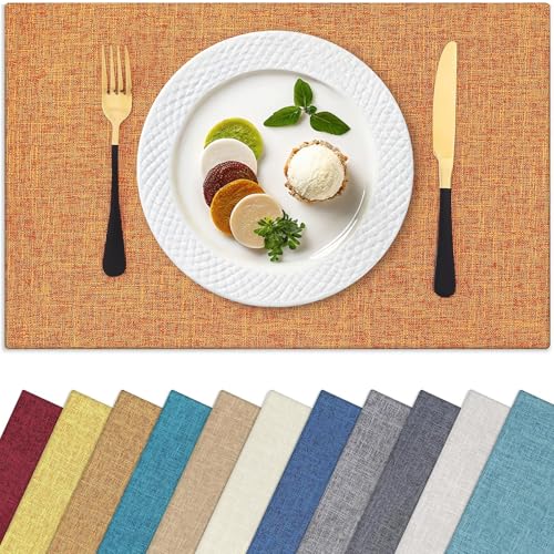 Homaxy Cloths Placemats for Dining Table Set of 8, Heat Resistant Washable Cotton Linen Blend Table Mats, Easy to Clean Place Mats for Indoor Outdoor Party Kitchen Decoration, 13' x 19', Orange
