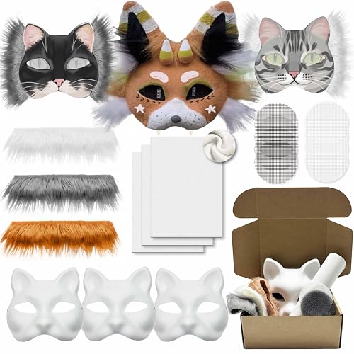 DIY Cat Mask Kit with Fur & Eyes Mesh and Fuzzy Fabric DIY Cat Mask All-in-One to Paint Blank White Mask for Halloween Masquerade Cosplay Party