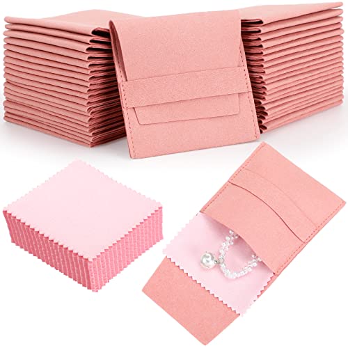Cunno 120 Pcs Microfiber Jewelry Pouch 8x8cm Packaging Bag Luxury Gift Fixed Strap Envelope Style Packaging with Cleaning Cloth(Pink)