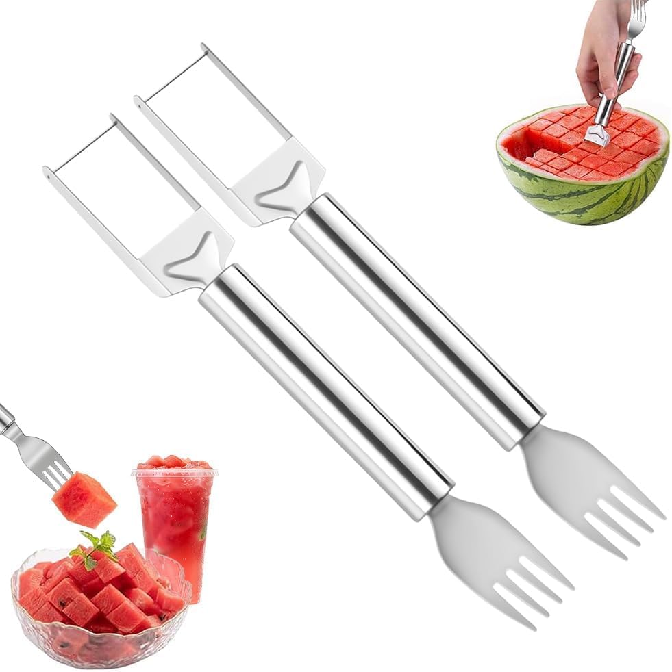 2-in-1 Stainless Steel Fruit Cutter, Watermelon Slicer with Fork, Dual Head Watermelon Fork Slicer Tool for Cubes, Fruit Knife with Round Handle for Home Kitchen, Picnic &amp; Party (2PCS)