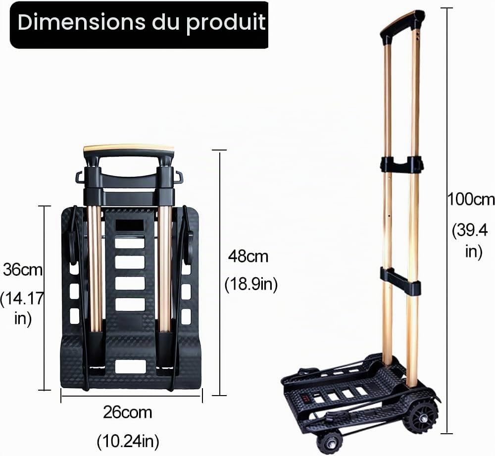 Chariot à Main Pliable, avec Roues de réservoir en PU résistantes à l'usure et silencieuse et Timon d'attelage réglable en Alliage d'aluminium, capacité 60KG / 132LBS et léger (3,9LBS)