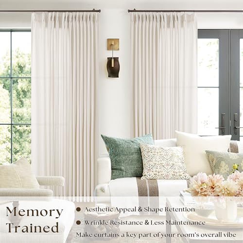 Pinch Pleated Extra Wide Curtain Panels 90 Inches Long 100 Wide Linen Curtain for Patio Sliding Glass Door Semi Sheer Cream Hooks Rings Privacy 90 Inch Length Drape for Living Room 100x90 1 Panel by TWODRAPES - Image 2