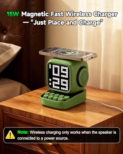 Image of Retro Robot 5-in-1 Bluetooth Speaker: 15W Wireless Charger, Pixel LED Screen, 10W Stereo Sound & 15 White Noise, Alarm Clock, Cute Portable Wireless Speaker for Bedroom Desk Office, Birthday Gifts