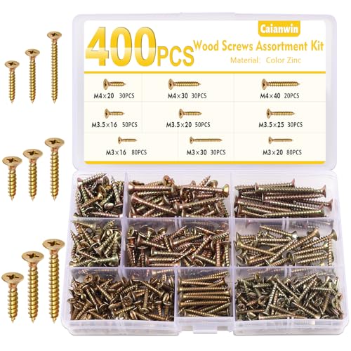 Caianwin Juego de 400 tornillos para madera, M3, M3,5, M4, tornil...
