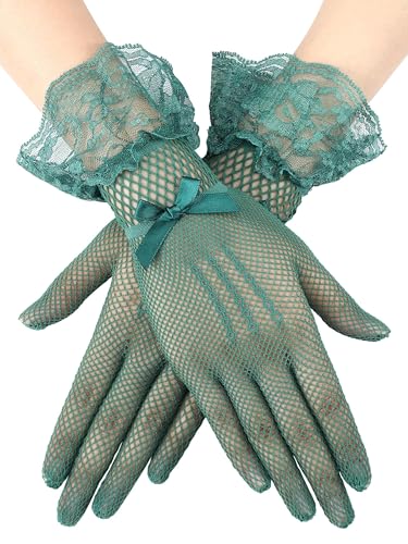 SATINIOR Women Lace Gloves Elegant Short Lace Tea Party Gloves for Women Dinner Party Wedding(Dark Green Classic Style)