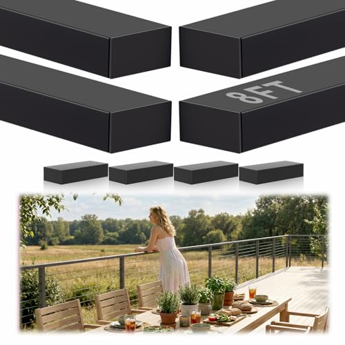 Image of 8FT Black Stainless Steel Cable Railing Handrail with POM Connector | 4 Pack Rectangular Handrail for Indoor Outdoor Deck Stair, Cuttable Deck Railing Flat Top Rail with Metal End Caps & Screws