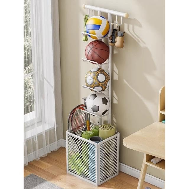 ARHAT ORGANIZERS Carbon Steel Sports Ball Stand|Portable Multiple Stand For Football Basketball Volleyball,Tennis Rackets,Cricket Bat|Freestanding Garage Sports & Equipment Organizer (Round) 3