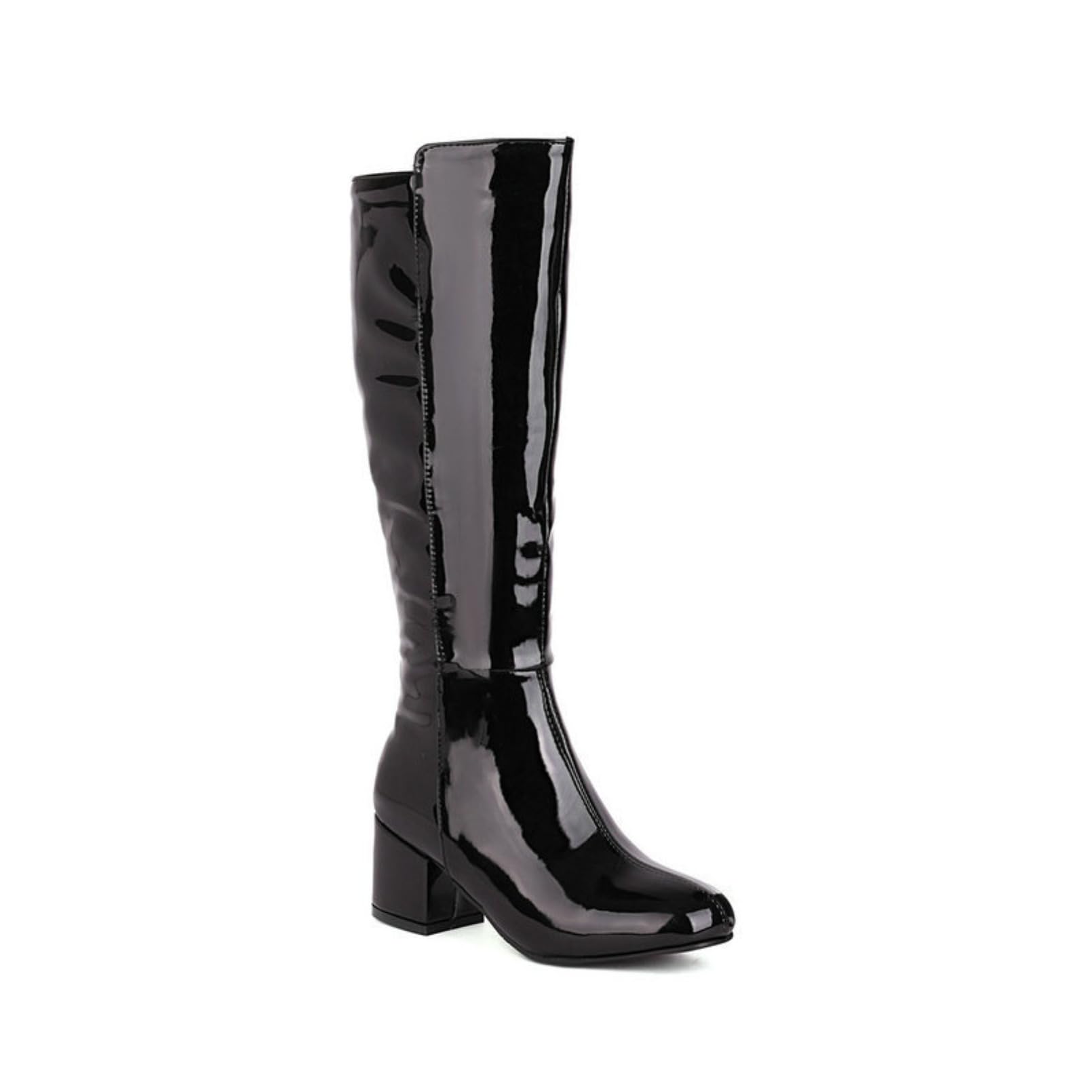 Womens Square Toe Knee High Boots With Mid Chunky Block Heels Patent Finish Side Zip Wide Calf Comfortable
